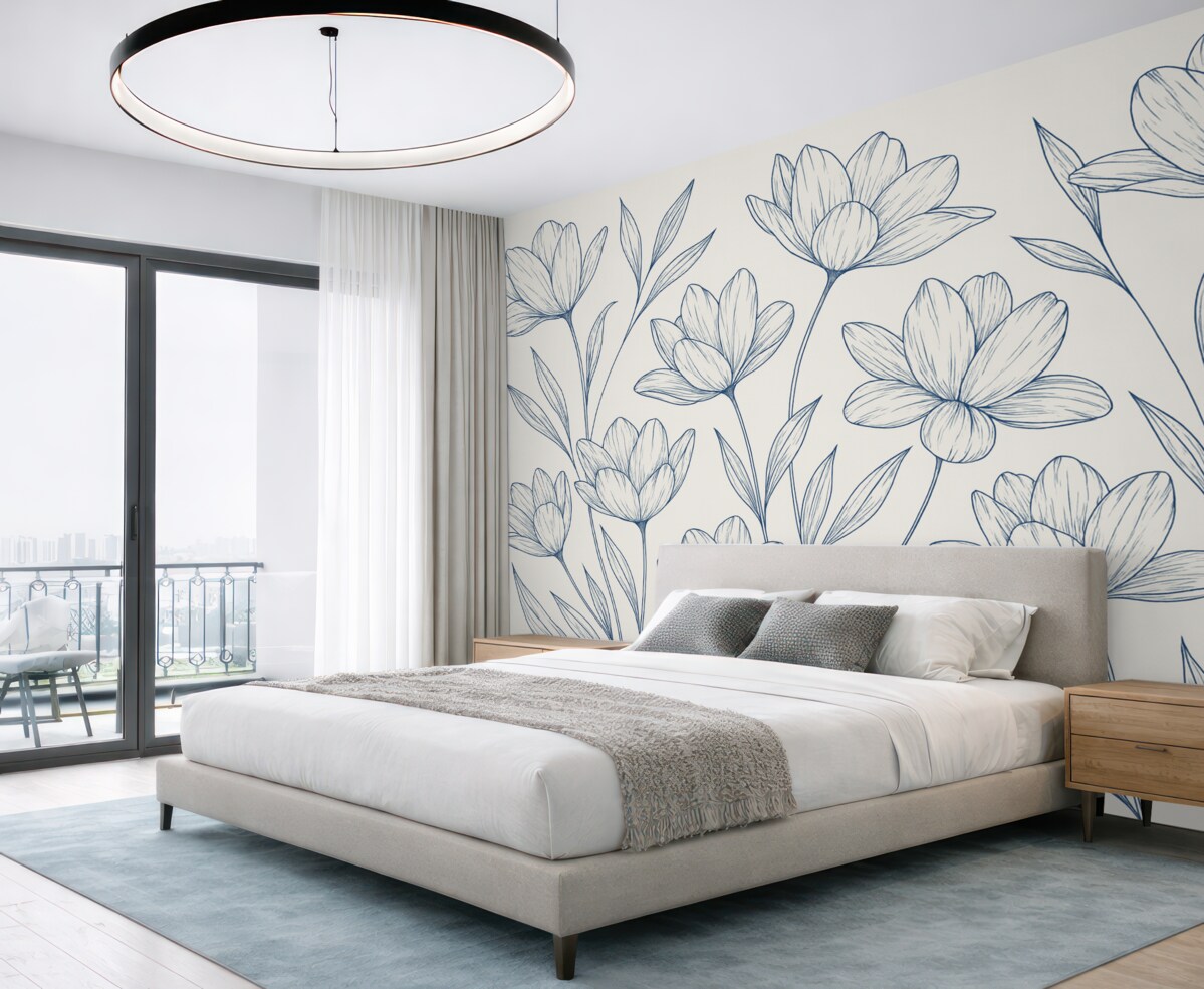 Fototapeta Jasne tło, spore niebieskie kwiaty.