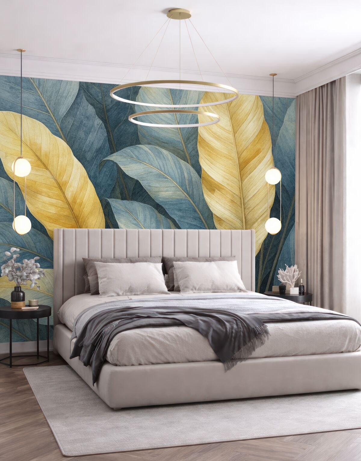 Fototapeta Zbliżenie na duże, bujne, teksturowane, ozdobne liście tropikalne w kolorach niebieskiego, zielonego i żółtego.