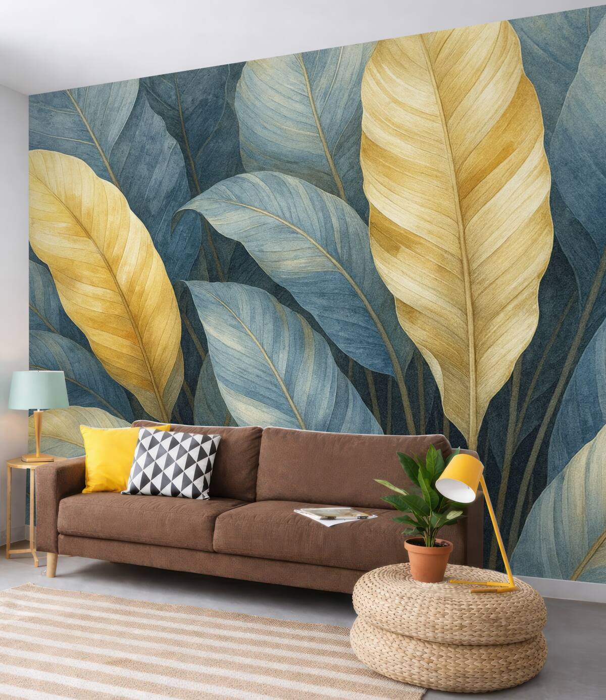 Fototapeta Zbliżenie na duże, bujne, teksturowane, ozdobne liście tropikalne w kolorach niebieskiego, zielonego i żółtego.