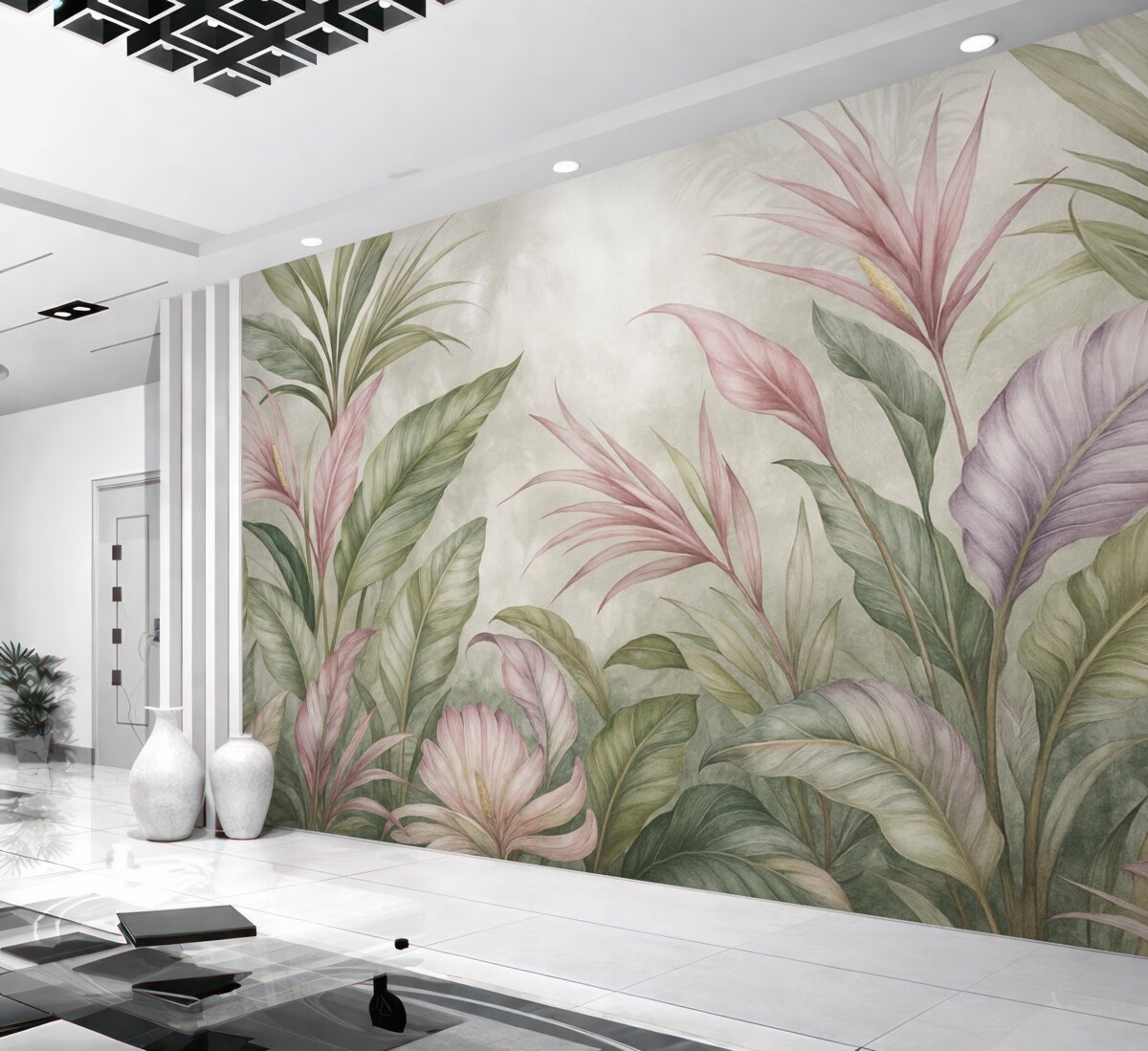 Fototapeta Tropikalna dżungla z wielkimi zielonymi liśćmi oraz różowymi kwiatami protei na rozmytym teksturowanym tle.