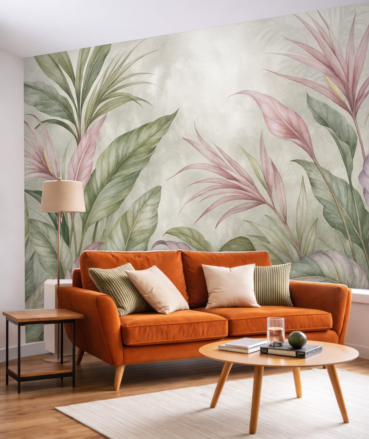 Fototapeta Tropikalna dżungla z wielkimi zielonymi liśćmi oraz różowymi kwiatami protei na rozmytym teksturowanym tle.