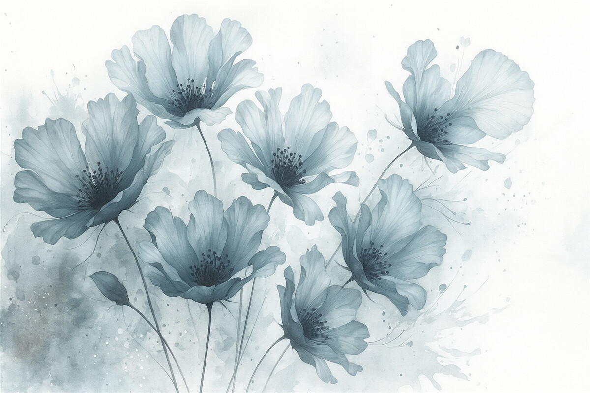 Fototapeta Cienkie niebieskie kwiaty z łagodnymi, rozmytymi płatkami oraz akwarelami na jasnym tle.