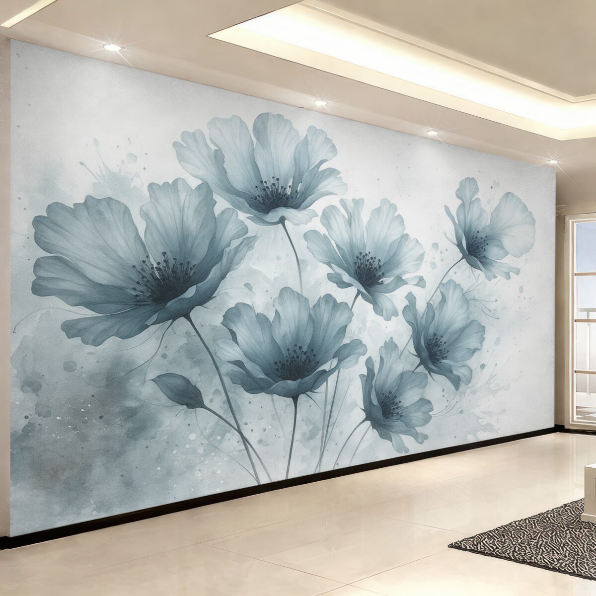 Fototapeta Cienkie niebieskie kwiaty z łagodnymi, rozmytymi płatkami oraz akwarelami na jasnym tle.