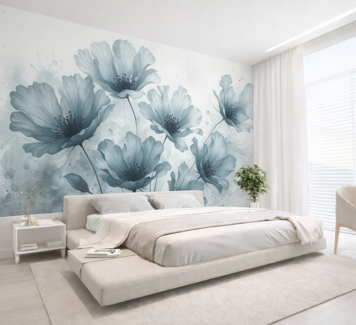 Fototapeta Cienkie niebieskie kwiaty z łagodnymi, rozmytymi płatkami oraz akwarelami na jasnym tle.