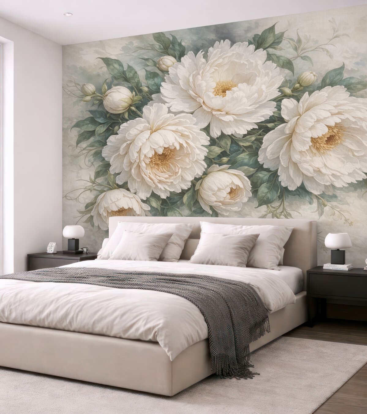 Fototapeta Teksturowane dużymi białymi kwiatami piwonii z zielonymi liśćmi, obfita i romantyczna aranżacja kwiatowa.