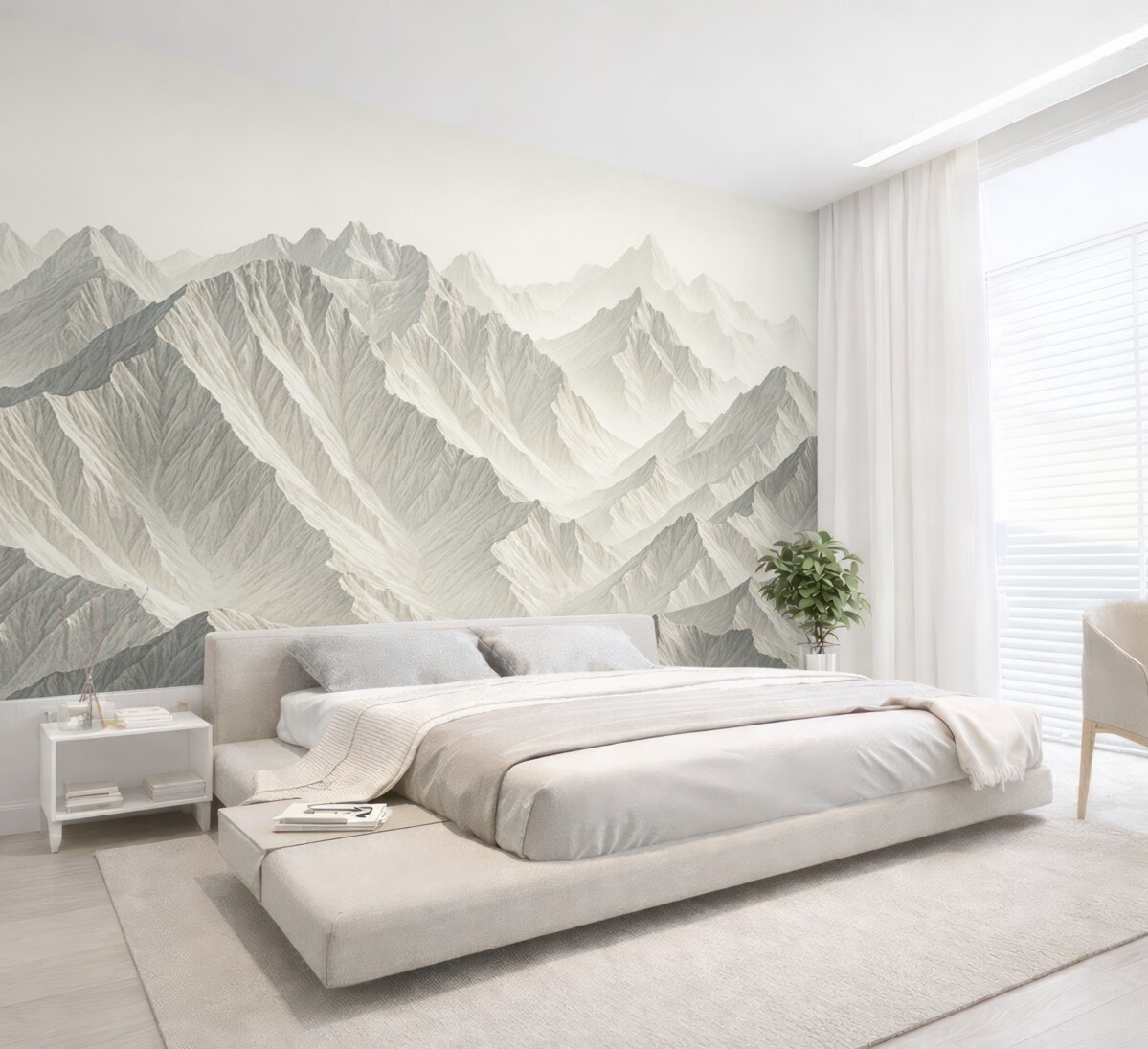 Fototapeta Minimalistyczne ośnieżone wierzchołki górskie w mglistym, delikatnym pejzażu.