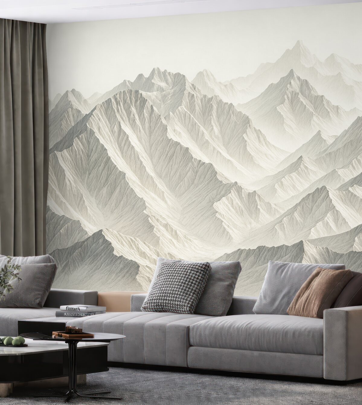 Fototapeta Minimalistyczne ośnieżone wierzchołki górskie w mglistym, delikatnym pejzażu.