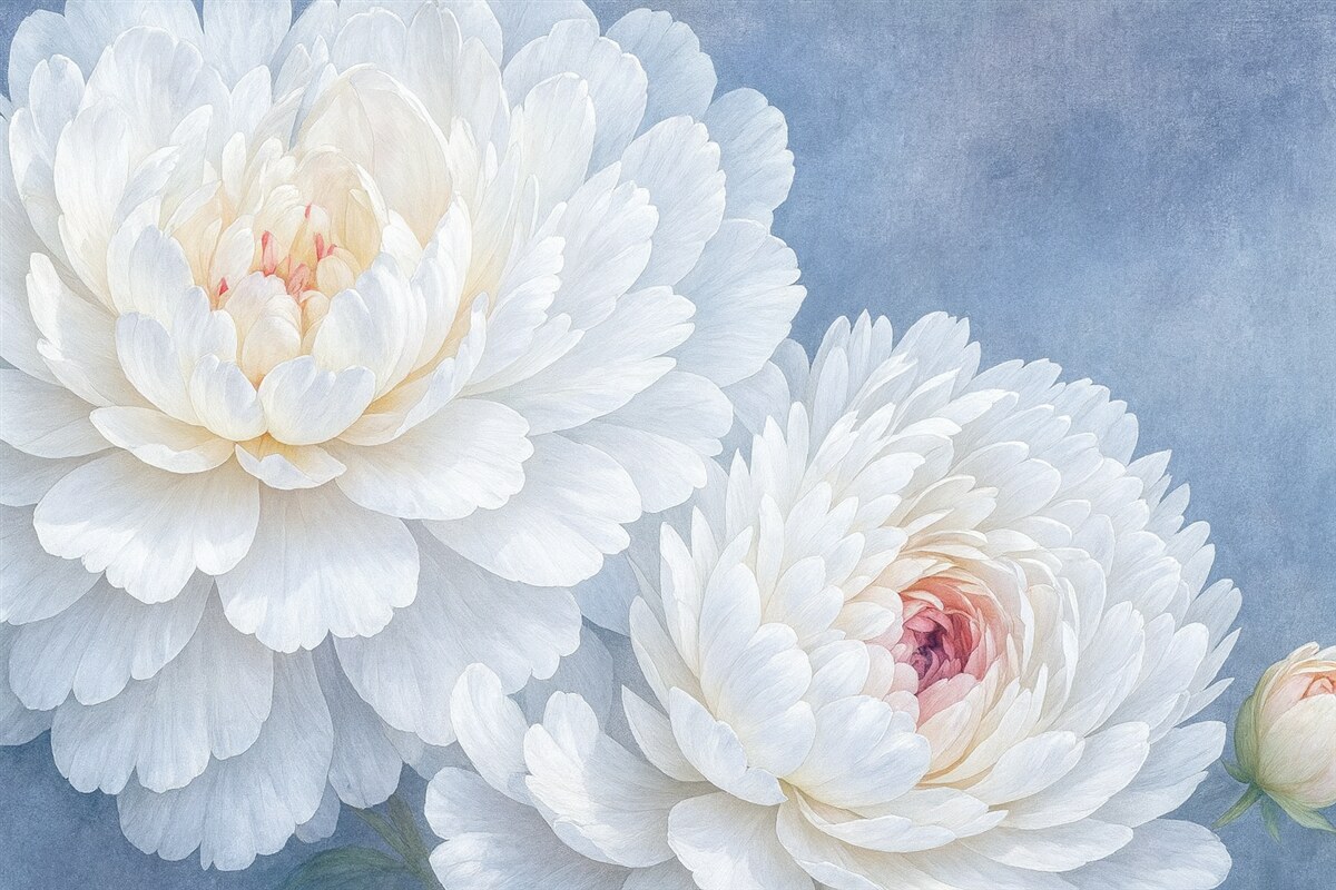 Fototapeta Białe, szczegółowe kwiaty piwonii z łagodnymi, subtelnymi płatkami na jasnoniebieskim, wzorzystym tle.