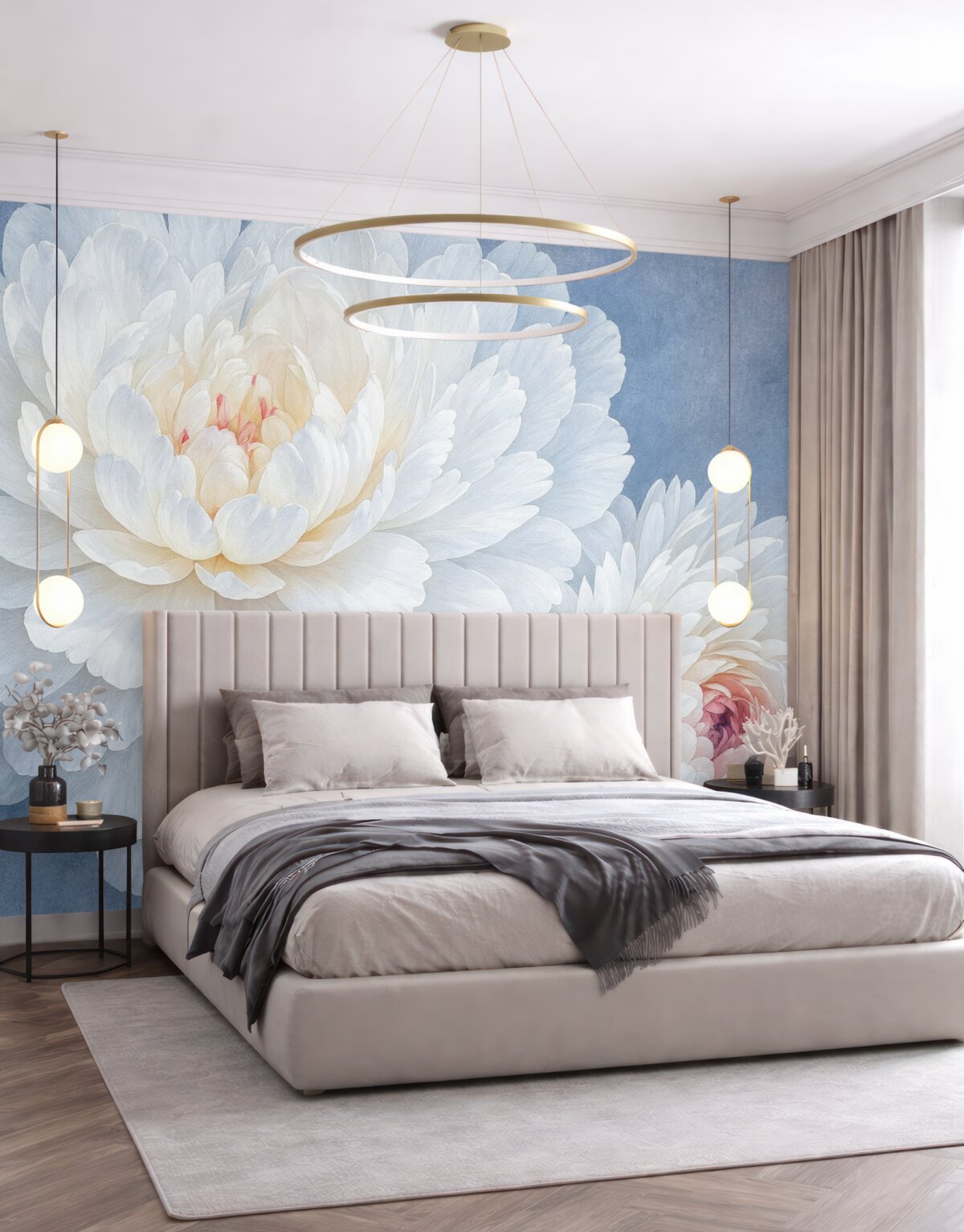 Fototapeta Białe, szczegółowe kwiaty piwonii z łagodnymi, subtelnymi płatkami na jasnoniebieskim, wzorzystym tle.