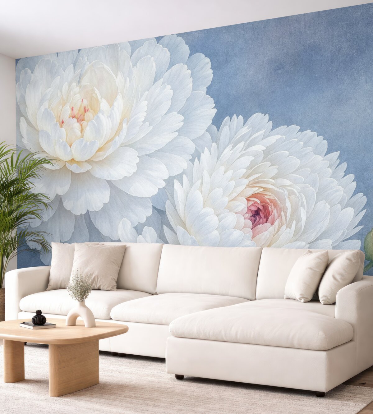 Fototapeta Białe, szczegółowe kwiaty piwonii z łagodnymi, subtelnymi płatkami na jasnoniebieskim, wzorzystym tle.