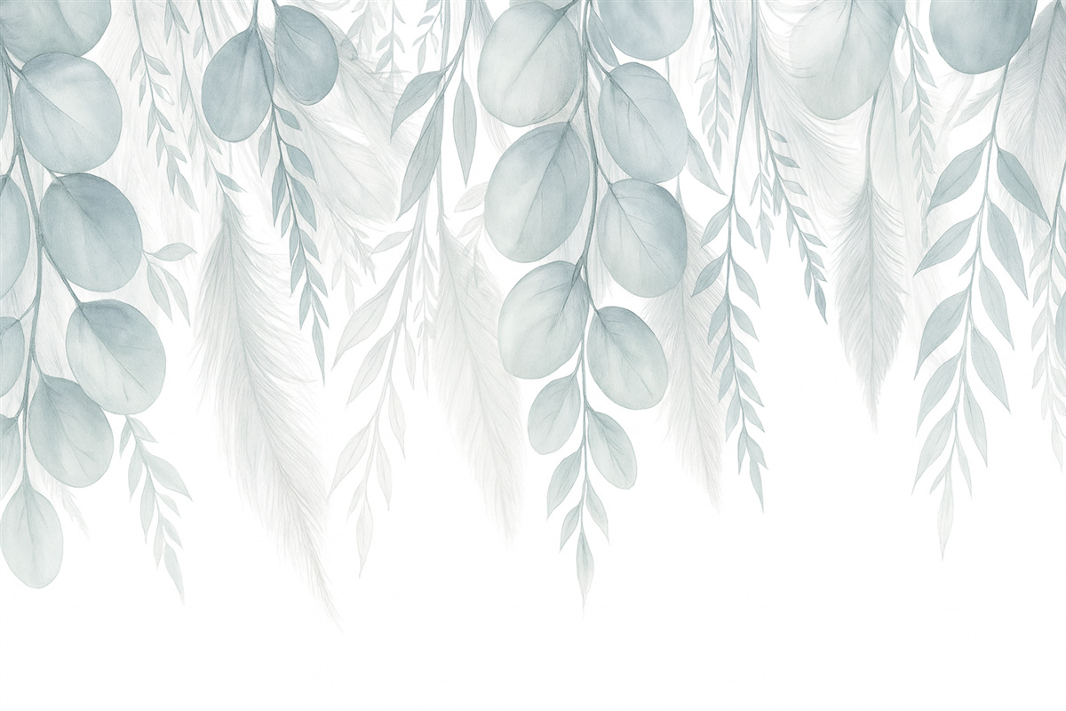 Fototapeta Subtelne szare i pastelowe zielonkawe liście eukaliptusa spadają, tworząc radosną i kojącą aurę.
