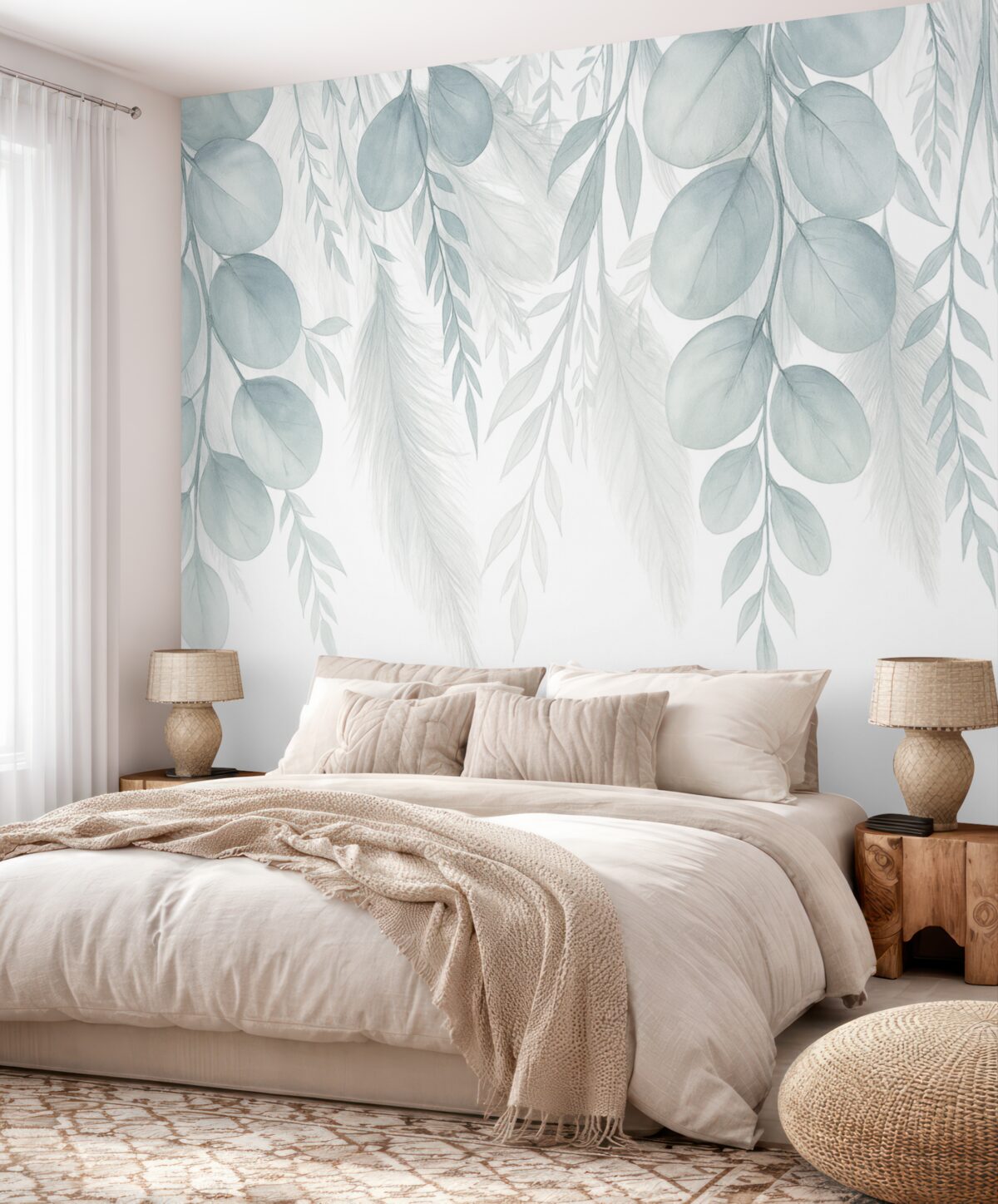 Fototapeta Subtelne szare i pastelowe zielonkawe liście eukaliptusa spadają, tworząc radosną i kojącą aurę.