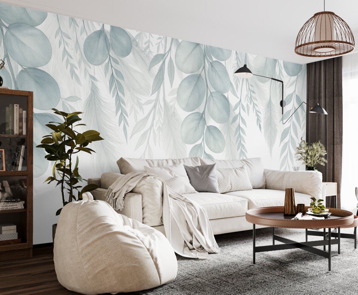 Fototapeta Subtelne szare i pastelowe zielonkawe liście eukaliptusa spadają, tworząc radosną i kojącą aurę.