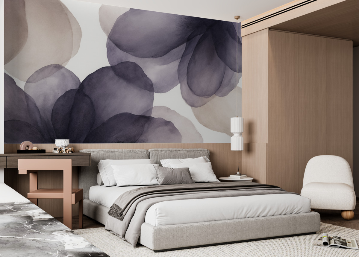 Fototapeta Abstrakcyjne ciemnofioletowe oraz beżowe kwiatowe wzory, delikatne i organiczne kształty z odczuciem dynamiki i płynności.