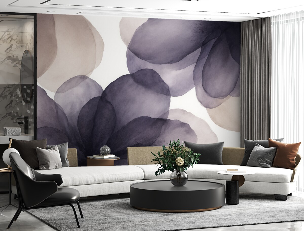 Fototapeta Abstrakcyjne ciemnofioletowe oraz beżowe kwiatowe wzory, delikatne i organiczne kształty z odczuciem dynamiki i płynności.