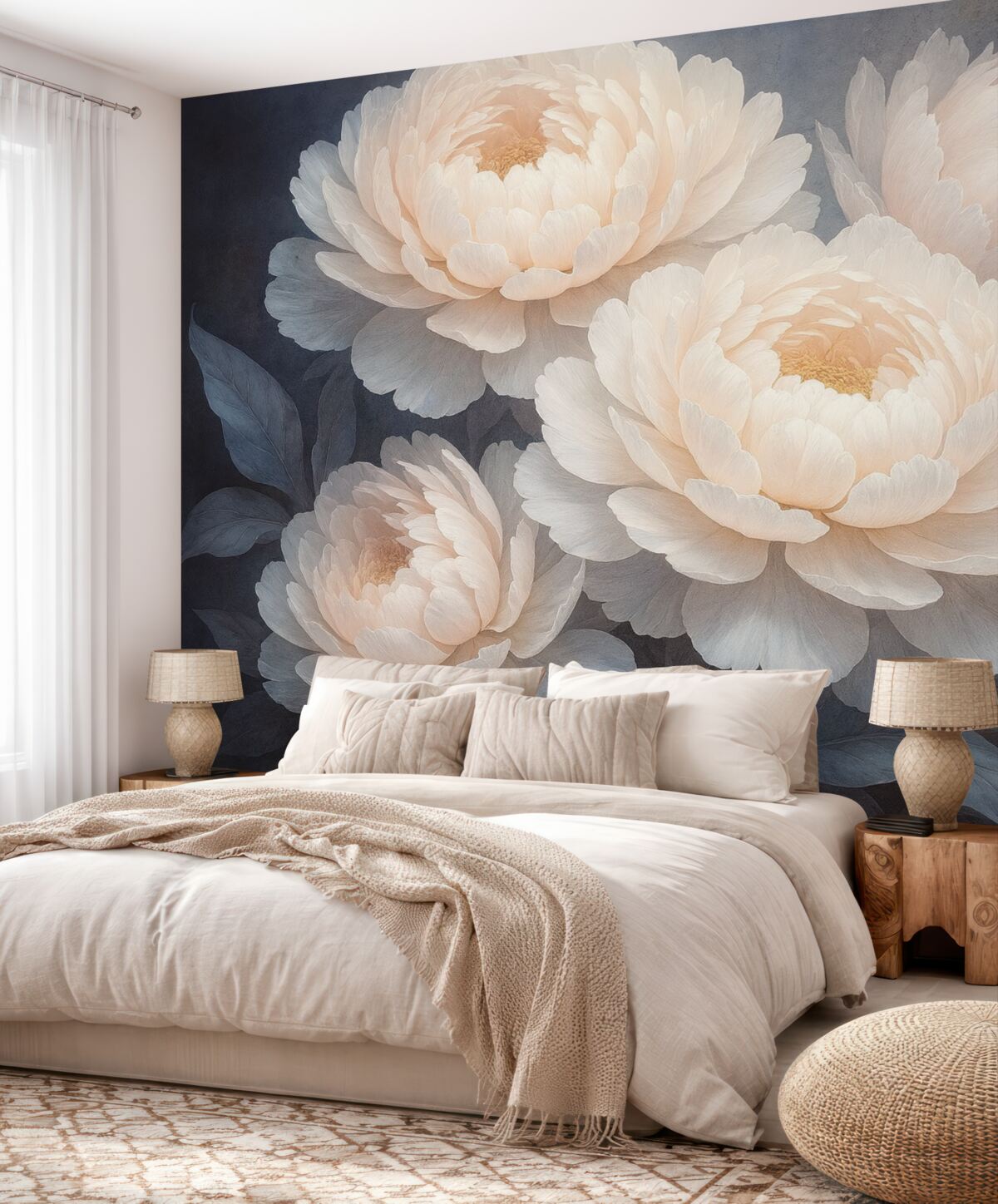 Fototapeta Zbliżenie na dwie duże, subtelne różowe piwonie z gładkimi, puszystymi płatkami i liśćmi na rozmytym tle.