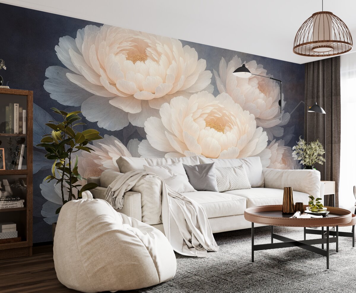 Fototapeta Zbliżenie na dwie duże, subtelne różowe piwonie z gładkimi, puszystymi płatkami i liśćmi na rozmytym tle.