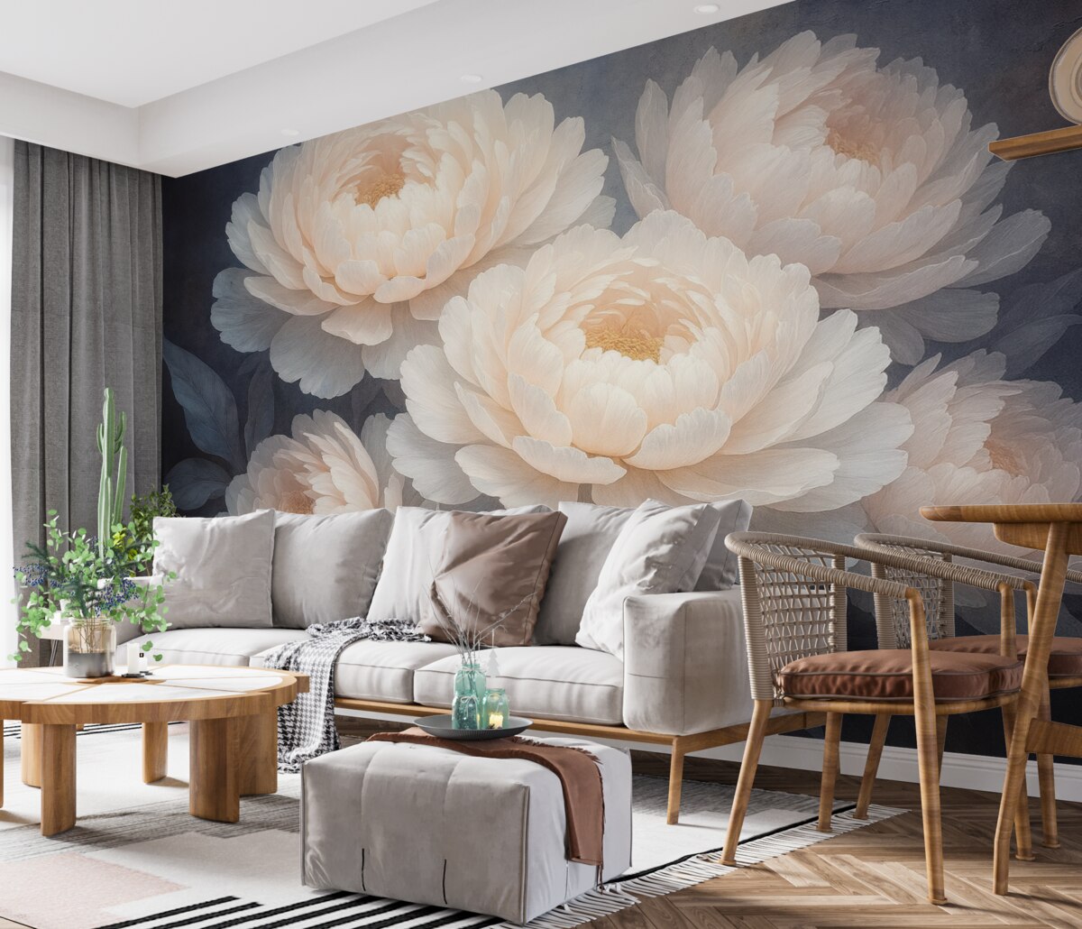 Fototapeta Zbliżenie na dwie duże, subtelne różowe piwonie z gładkimi, puszystymi płatkami i liśćmi na rozmytym tle.