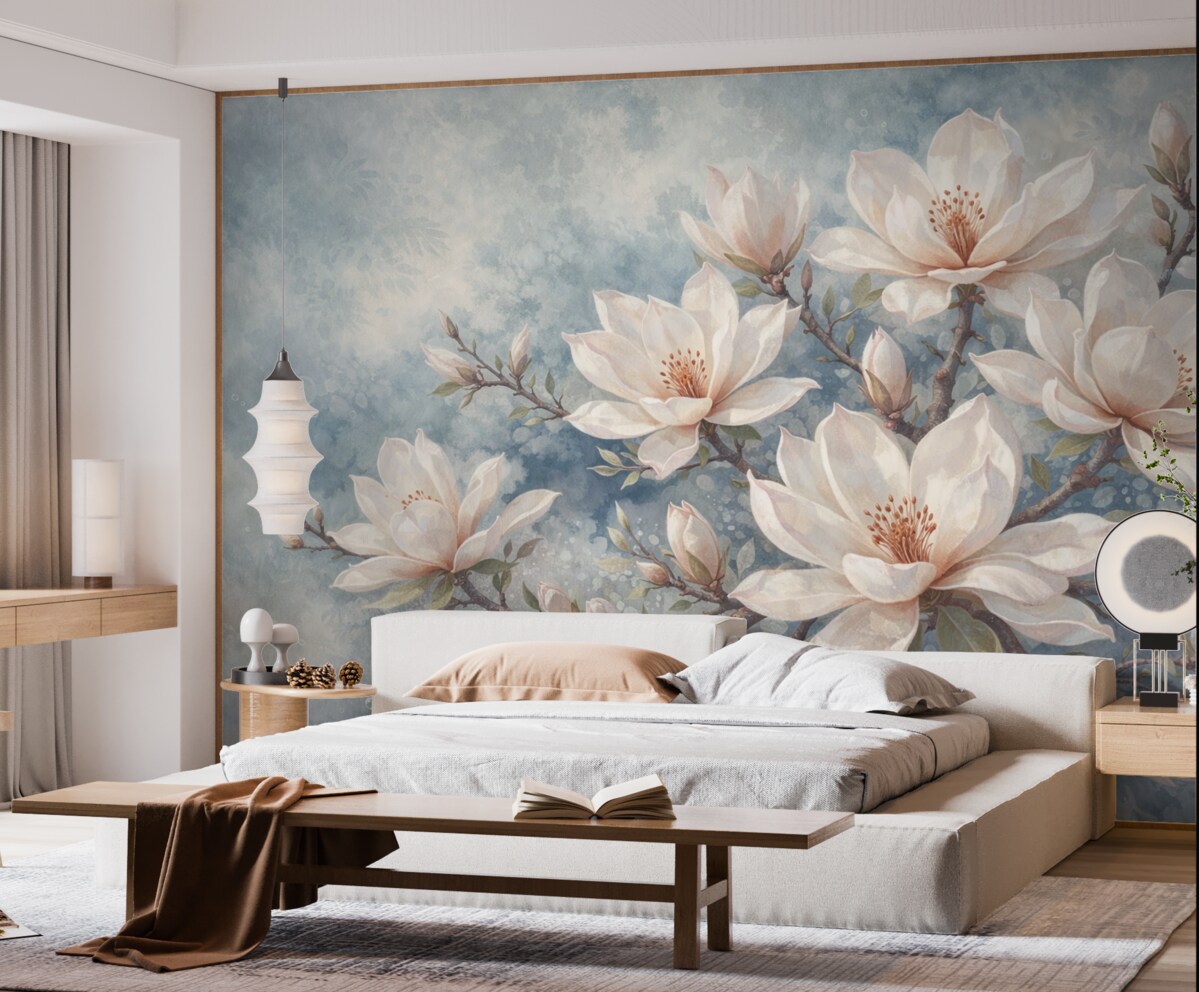 Fototapeta Białe kwiaty magnolii rozwijające się na konarach drzew na delikatnym, rozmytym, strukturalnym niebieskim tle.