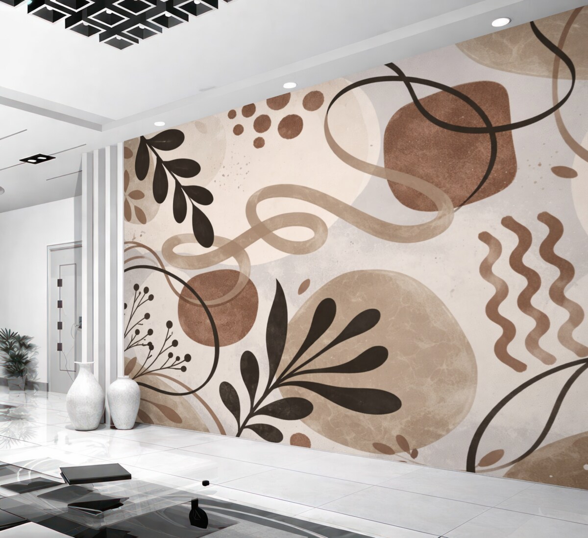 Fototapeta Abstrakcyjny teksturowany minimalistyczny współczesny nadruk z formami w ziemistych tonacjach brązu, beżu i czerni.