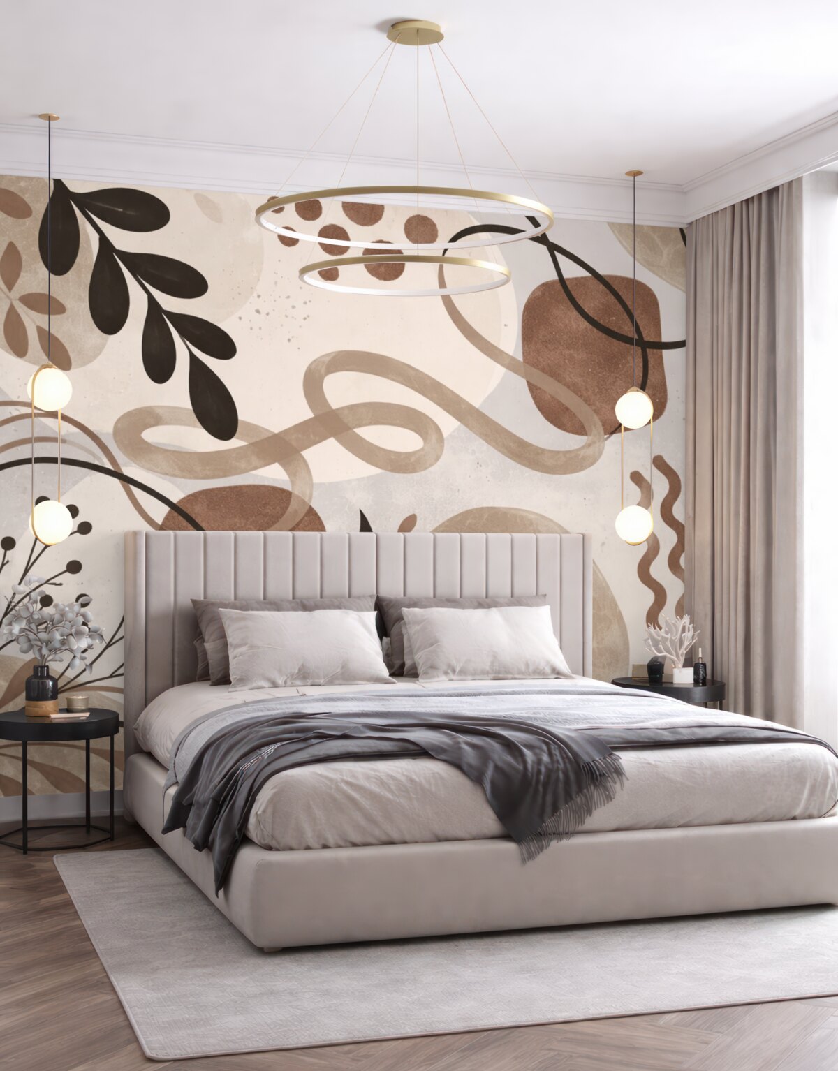 Fototapeta Abstrakcyjny teksturowany minimalistyczny współczesny nadruk z formami w ziemistych tonacjach brązu, beżu i czerni.