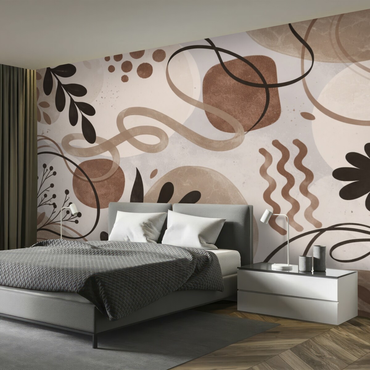 Fototapeta Abstrakcyjny teksturowany minimalistyczny współczesny nadruk z formami w ziemistych tonacjach brązu, beżu i czerni.