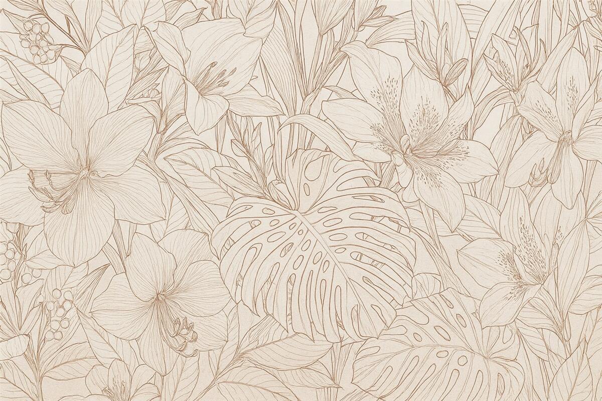 Fototapeta Szczegółowy bordowy i szary kwiatowy motyw z różnymi rodzajami roślin oraz liści, bogaty, złożony botaniczny wzór.