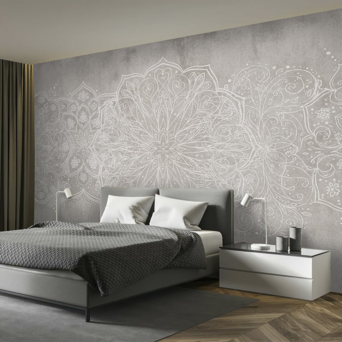 Fototapeta Szczegółowy, kunsztowny wzór mandali z białej koronki na teksturowanym tle szarej ściany w stylu industrialnym.
