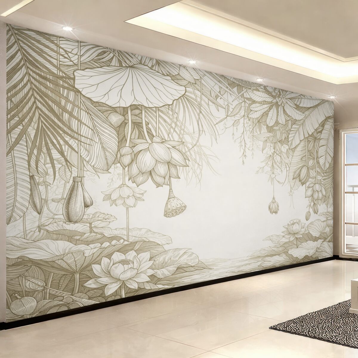 Fototapeta Zbliżenie na beżowy floralny wzór z dużymi, nakładającymi się płatkami i liśćmi w jednolitym kolorze.