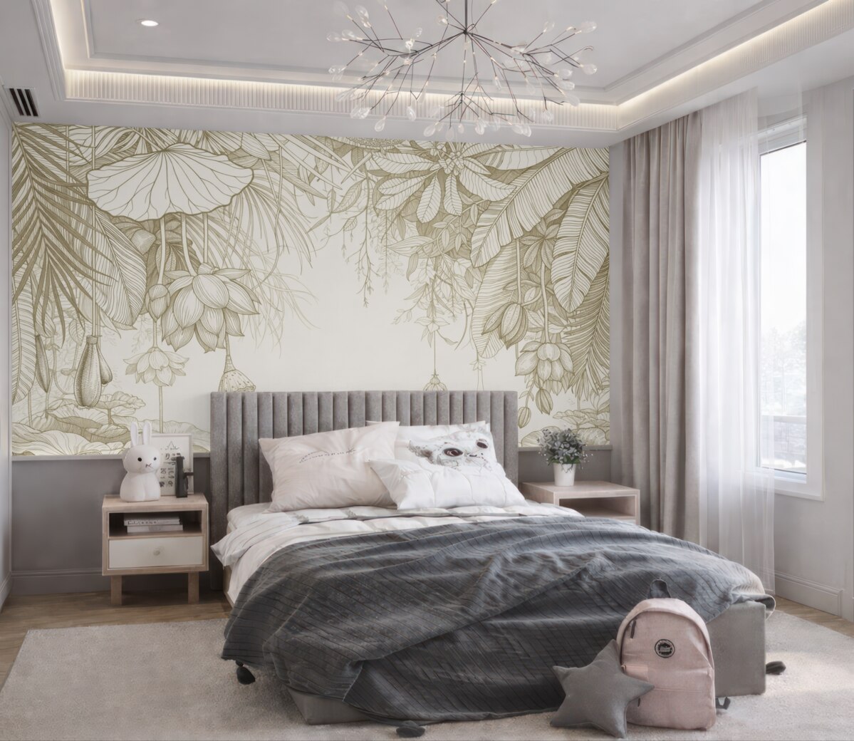 Fototapeta Zbliżenie na beżowy floralny wzór z dużymi, nakładającymi się płatkami i liśćmi w jednolitym kolorze.