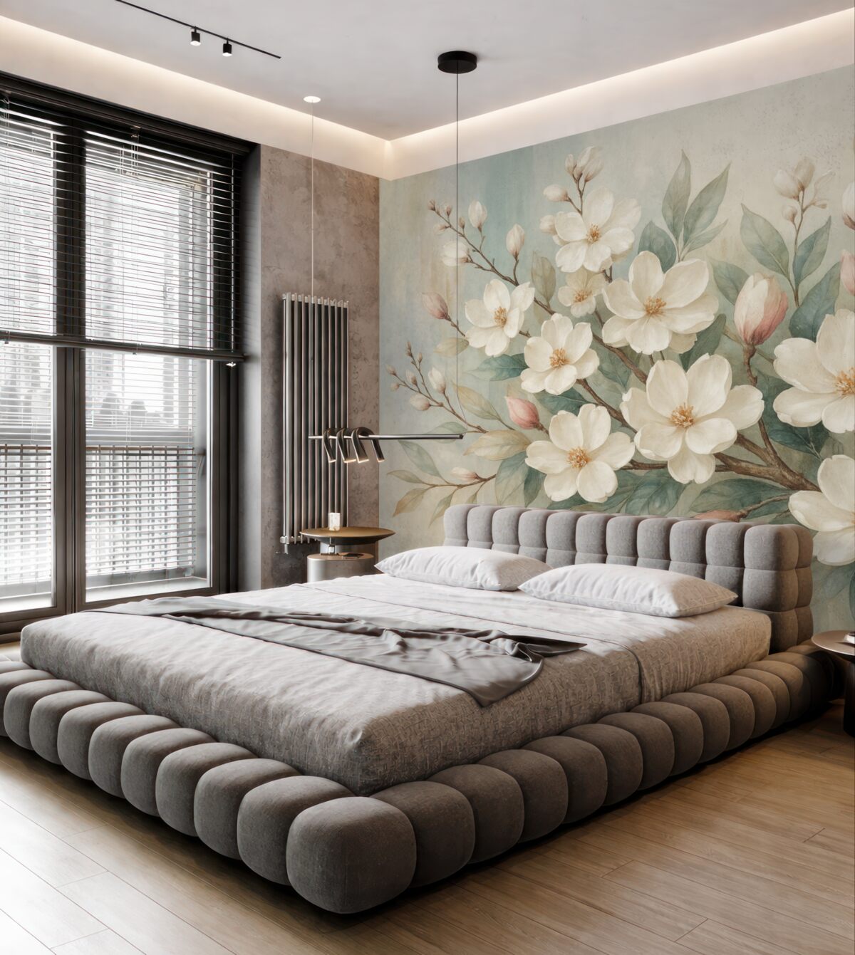 Fototapeta Kwiatowe pastelowe subtelne białe kwiaty z różowymi środkami, otoczone obfitymi zielonymi liśćmi i gałązkami.