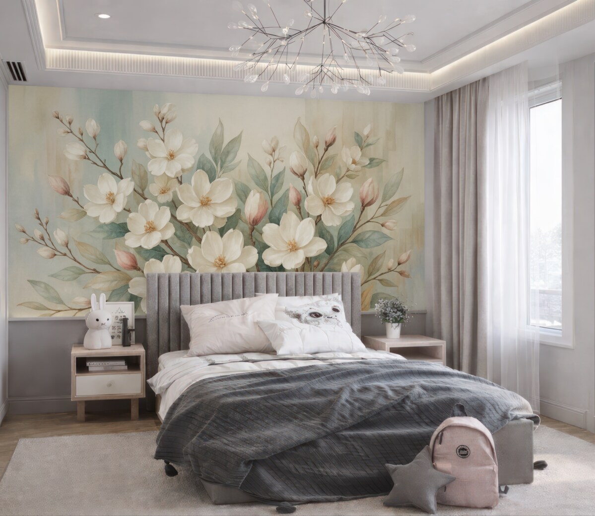 Fototapeta Kwiatowe pastelowe subtelne białe kwiaty z różowymi środkami, otoczone obfitymi zielonymi liśćmi i gałązkami.