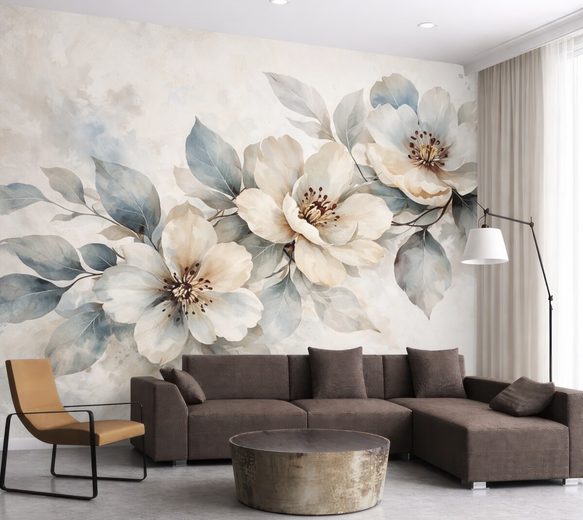 Fototapeta Subtelna biało-niebieska aranżacja kwiatowa o akwarelowej fakturze, z delikatnymi płatkami i pręcikami.