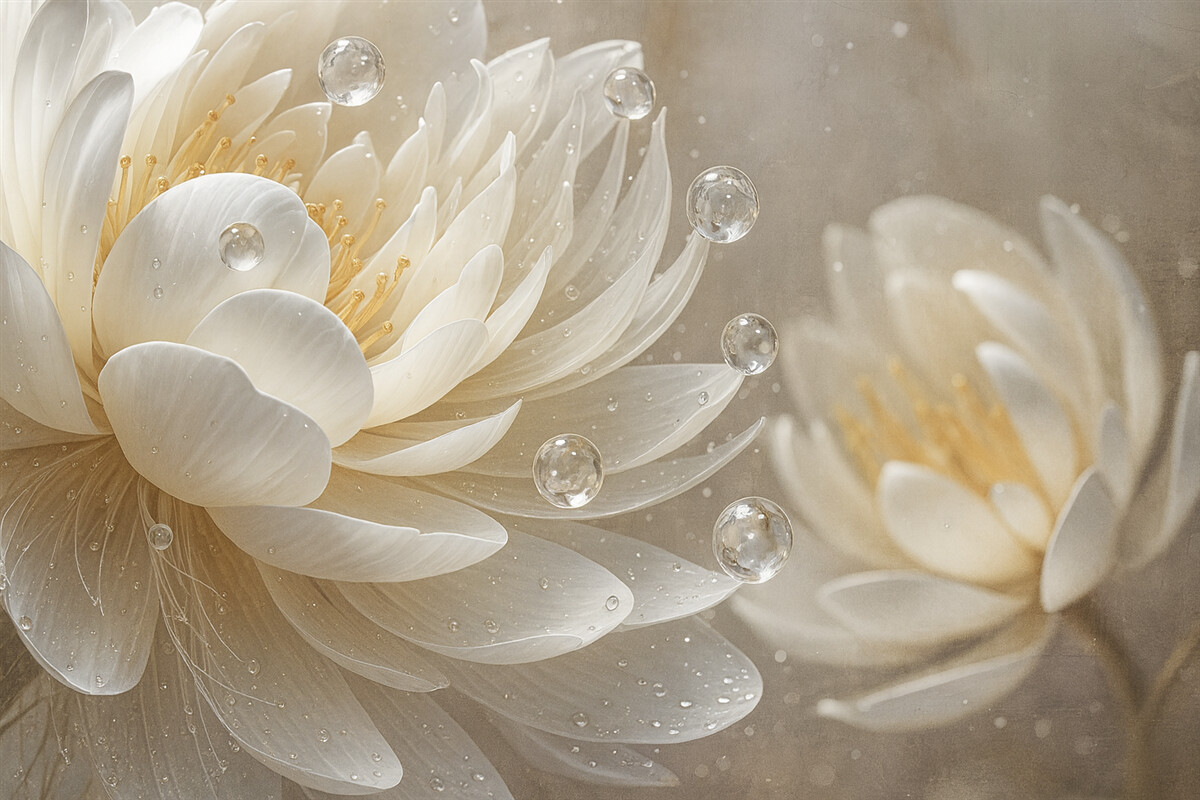 Fototapeta Zbliżenie jasnego kwiatu piwonii z kroplami wody na subtelnych płatkach, tworzących łagodną atmosferę.