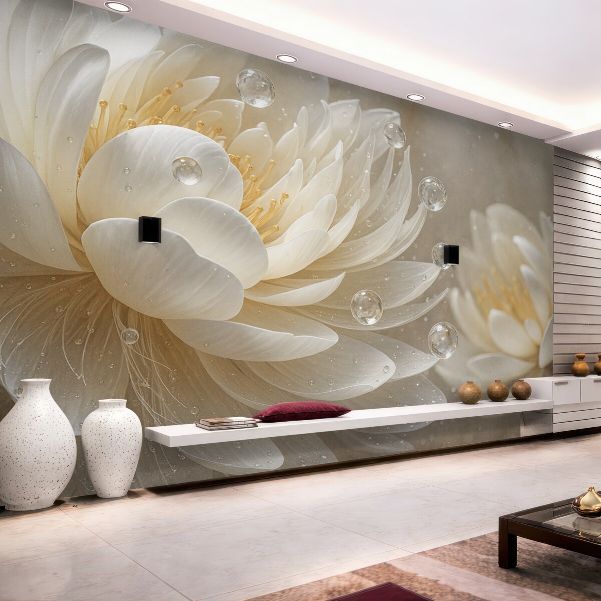 Fototapeta Zbliżenie jasnego kwiatu piwonii z kroplami wody na subtelnych płatkach, tworzących łagodną atmosferę.