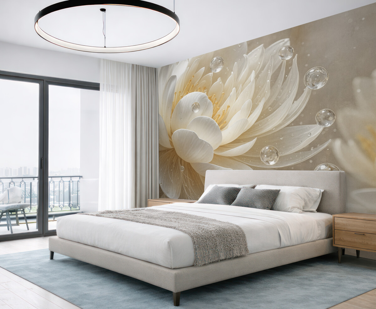 Fototapeta Zbliżenie jasnego kwiatu piwonii z kroplami wody na subtelnych płatkach, tworzących łagodną atmosferę.