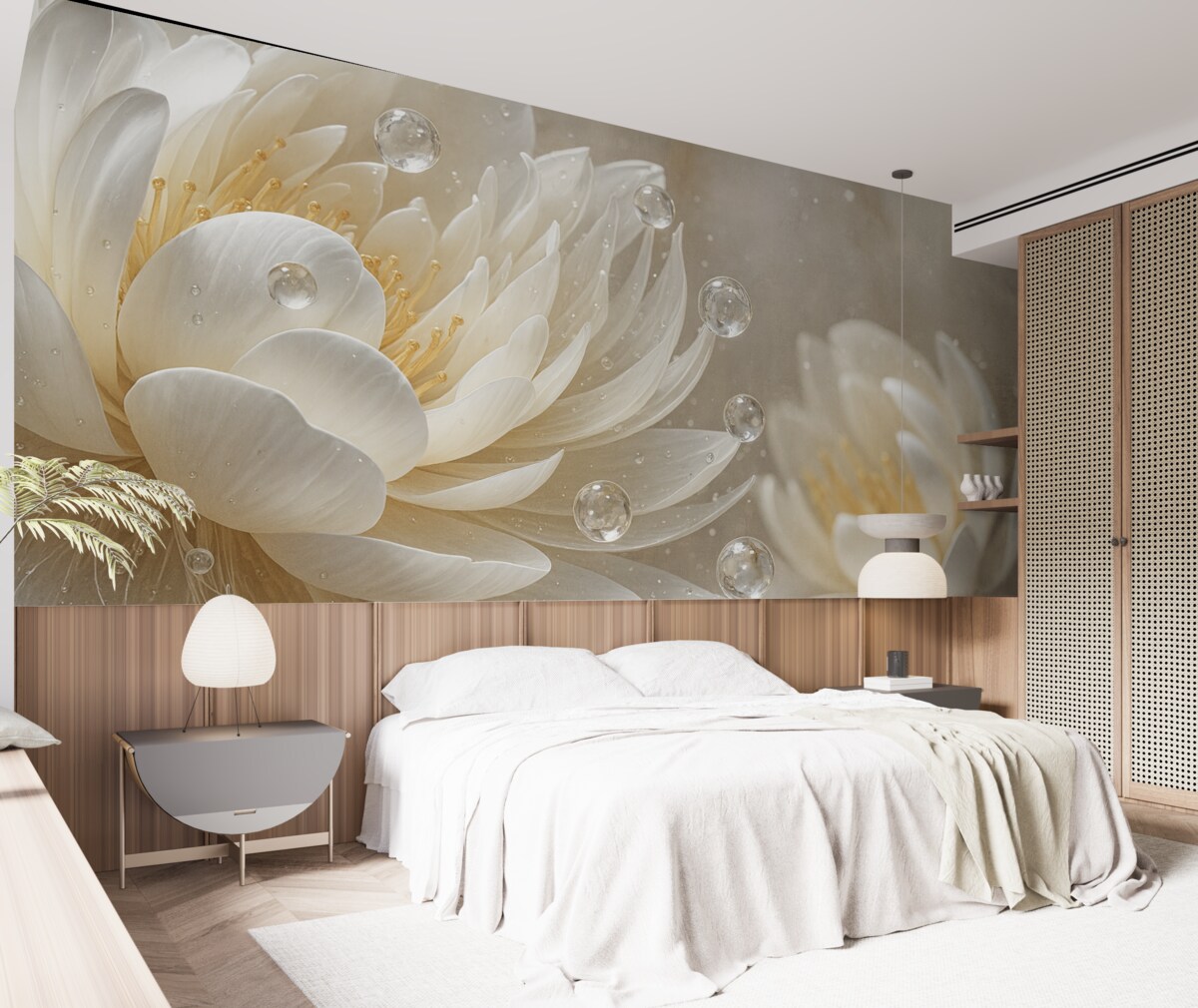 Fototapeta Zbliżenie jasnego kwiatu piwonii z kroplami wody na subtelnych płatkach, tworzących łagodną atmosferę.