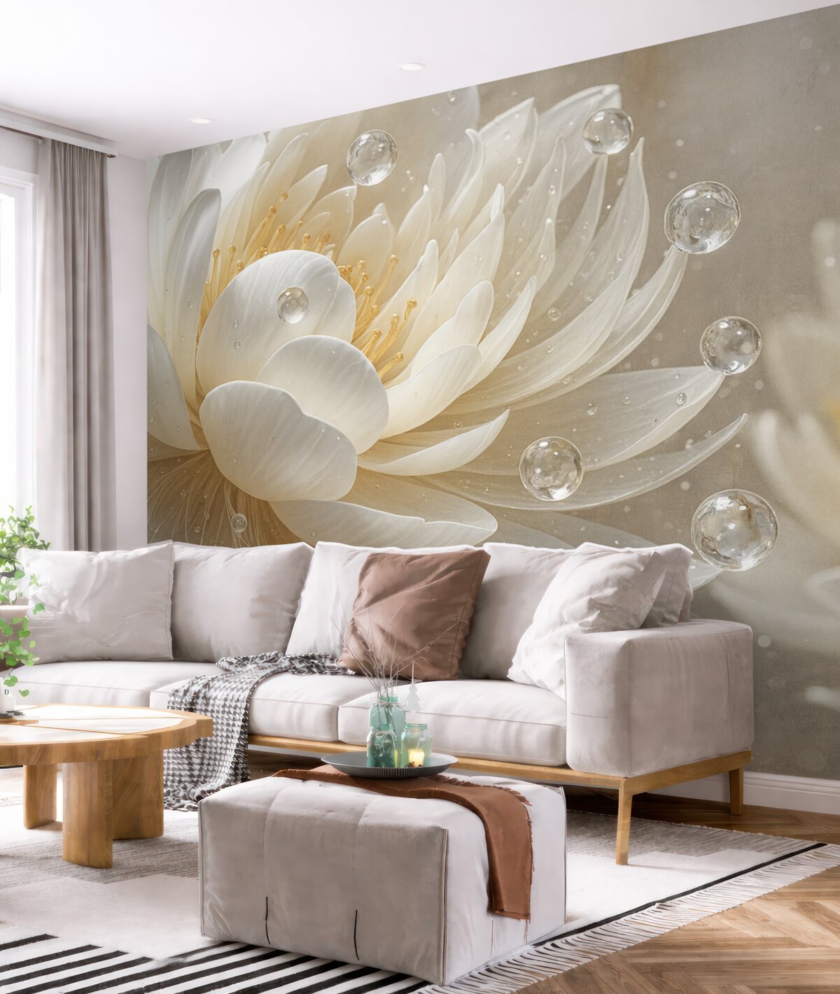 Fototapeta Zbliżenie jasnego kwiatu piwonii z kroplami wody na subtelnych płatkach, tworzących łagodną atmosferę.