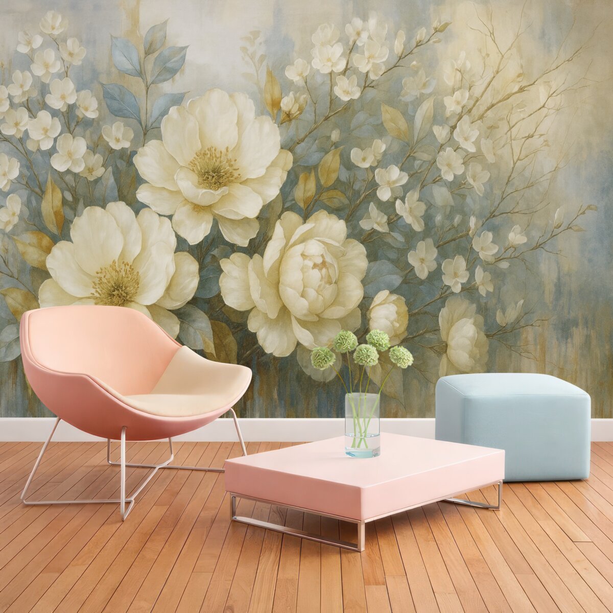 Fototapeta Teksturowane duże białe oraz jasnożółte kwiaty z szaro-zielonymi liśćmi na delikatnym, rozmytym tle.