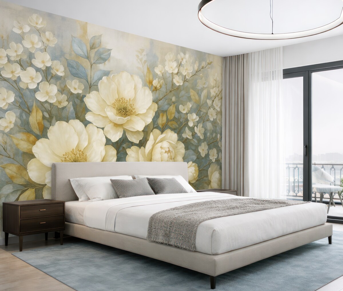 Fototapeta Teksturowane duże białe oraz jasnożółte kwiaty z szaro-zielonymi liśćmi na delikatnym, rozmytym tle.