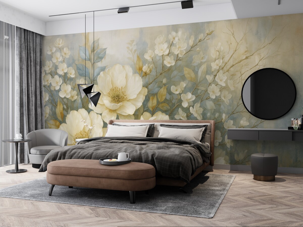 Fototapeta Teksturowane duże białe oraz jasnożółte kwiaty z szaro-zielonymi liśćmi na delikatnym, rozmytym tle.