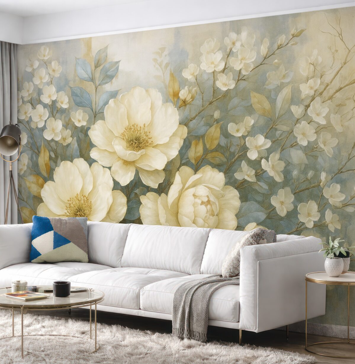 Fototapeta Teksturowane duże białe oraz jasnożółte kwiaty z szaro-zielonymi liśćmi na delikatnym, rozmytym tle.