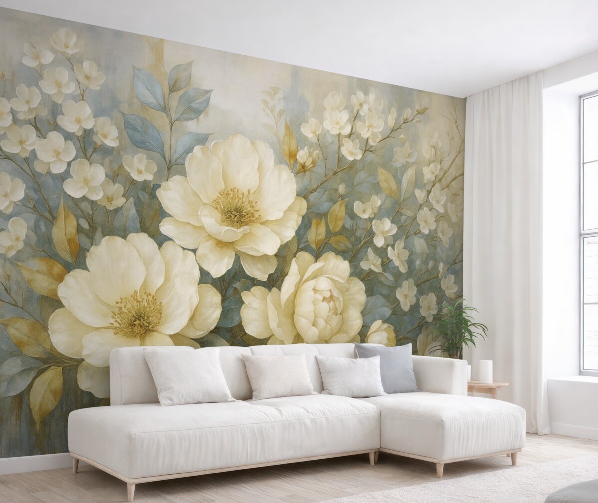 Fototapeta Teksturowane duże białe oraz jasnożółte kwiaty z szaro-zielonymi liśćmi na delikatnym, rozmytym tle.