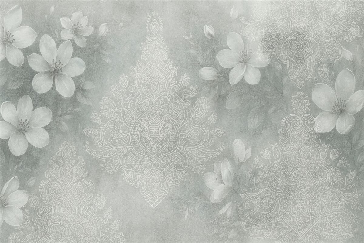 Fototapeta Miękki obraz subtelnych białych kwiatów na rozmytym, koronkowym szarym tle.