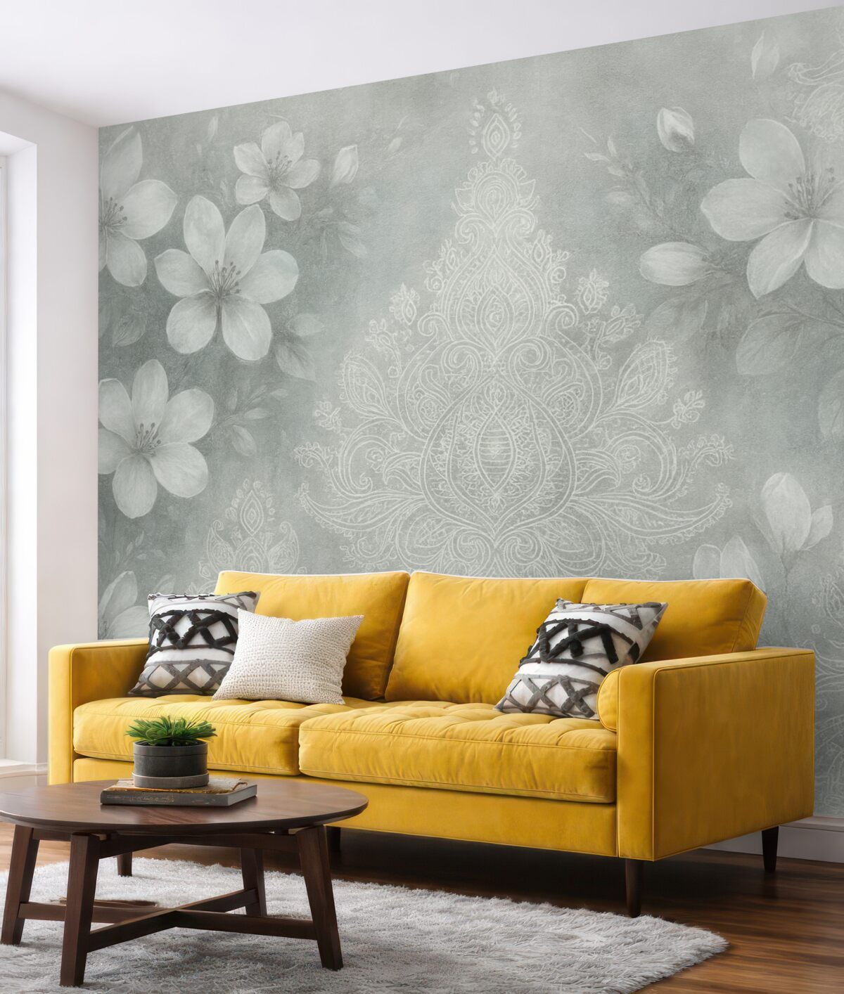 Fototapeta Miękki obraz subtelnych białych kwiatów na rozmytym, koronkowym szarym tle.