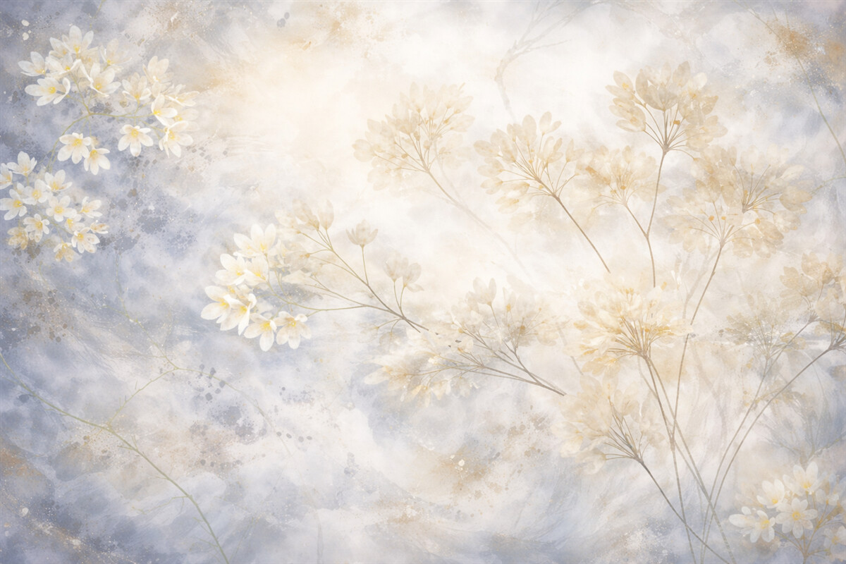 Fototapeta Subtelny abstrakcyjny pastelowy wzór białych kwiatów na zamglonym tle, delikatny i pełen lekkości.