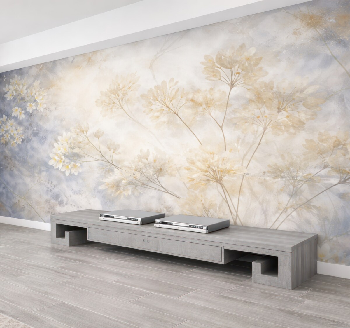 Fototapeta Subtelny abstrakcyjny pastelowy wzór białych kwiatów na zamglonym tle, delikatny i pełen lekkości.