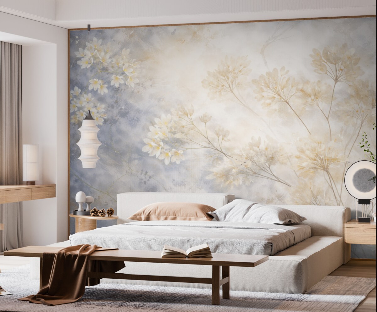 Fototapeta Subtelny abstrakcyjny pastelowy wzór białych kwiatów na zamglonym tle, delikatny i pełen lekkości.