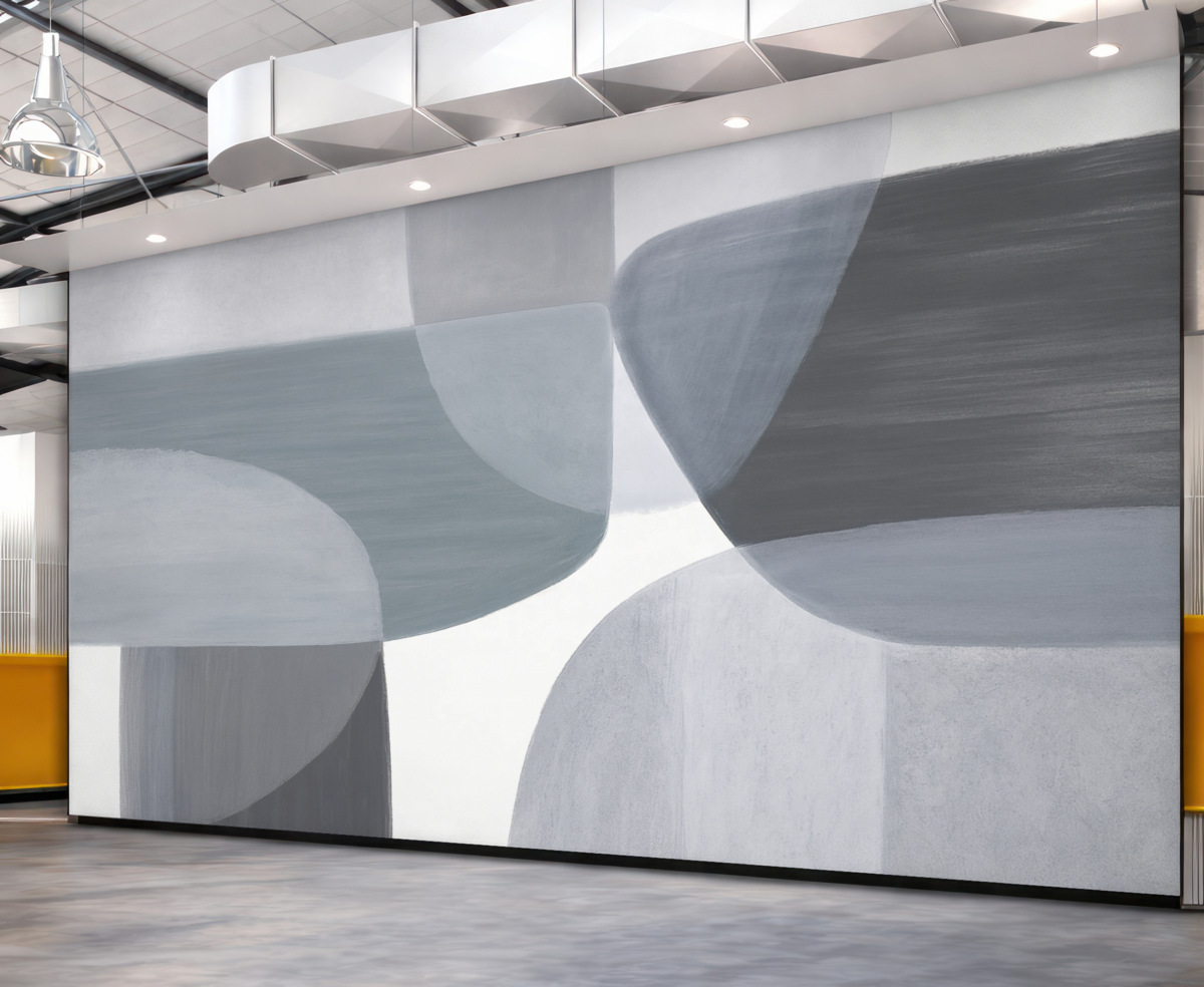 Fototapeta Monochromatyczny abstrakcyjny wzór z nakładającymi się minimalistycznymi formami i kształtami w odcieniach szarości i niebieskiego.