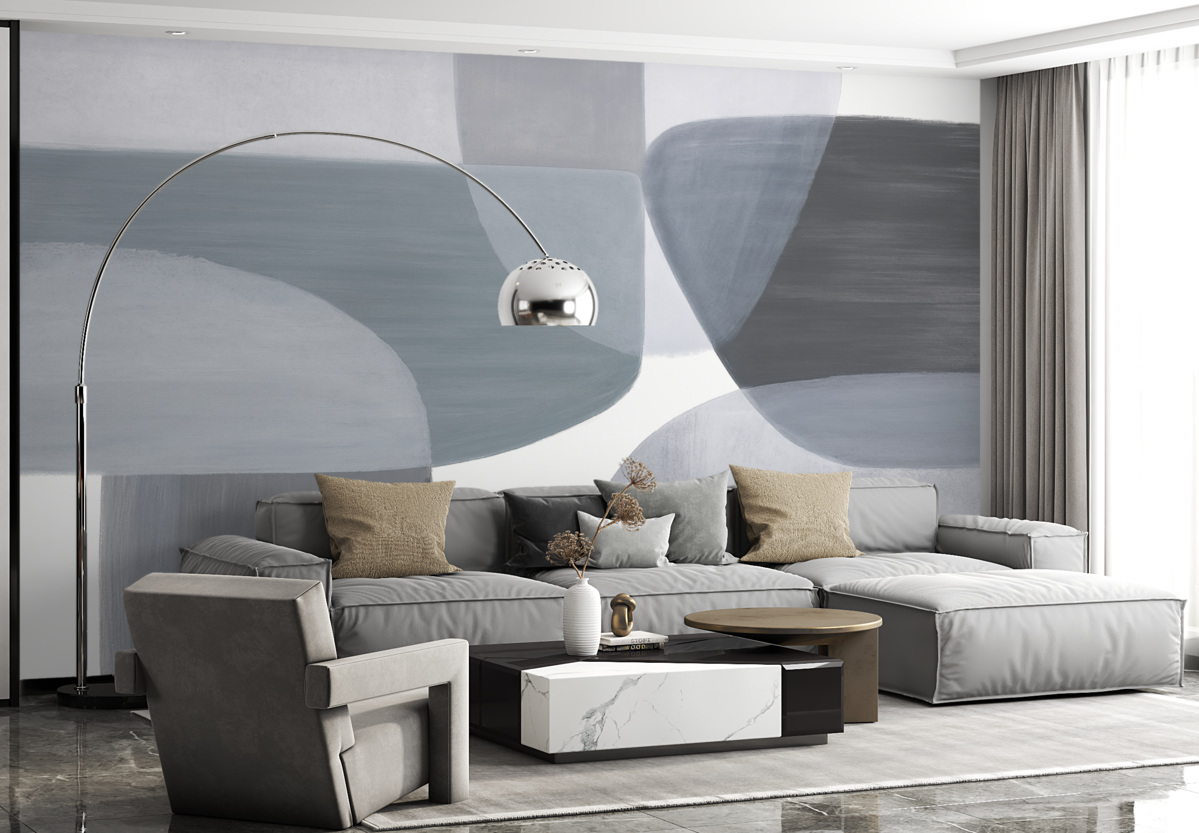 Fototapeta Monochromatyczny abstrakcyjny wzór z nakładającymi się minimalistycznymi formami i kształtami w odcieniach szarości i niebieskiego.